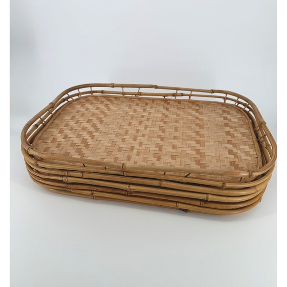 The Unbranded Brand Other - Set of 6 Vintage Bamboo Wicker Rattan Serving Trays Mid Century Japanese Wares